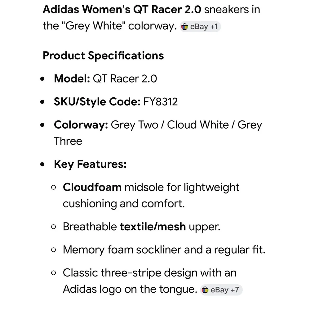 Adidas QT Racer 2.0 Women 8 Grey White Running Shoes FY8312 Cloudfoam Sneakers